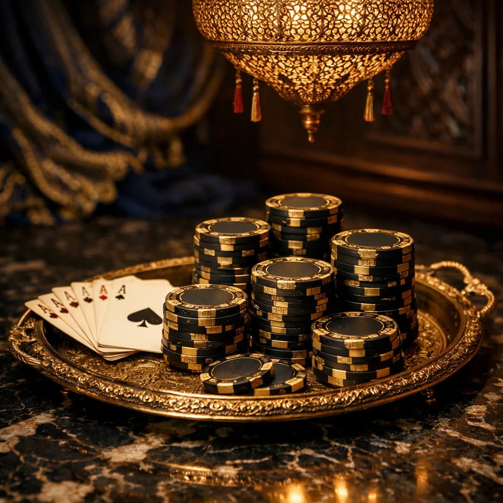 Close-up van gestapelde casinofiches op een donker tafelblad